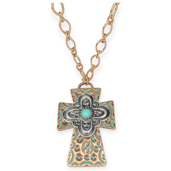 Copper & Turquoise Cross Pendant Necklace 2" x 1.5" w/Chain Necklace - Picture 3 of 11